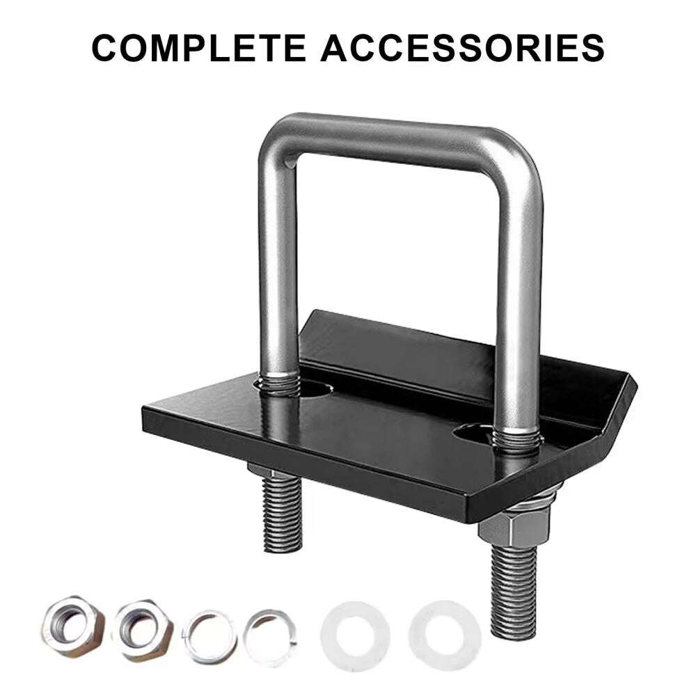 Complete set of hitch tightener parts laid out on white background