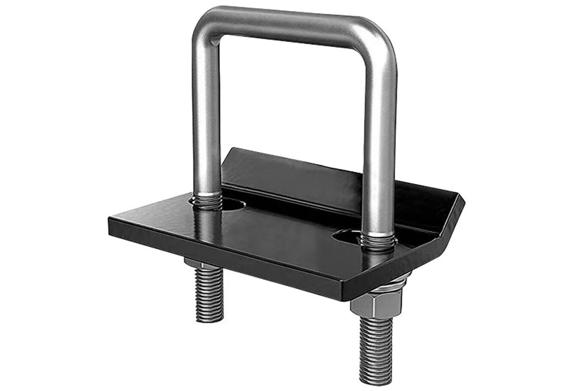 Close-up of steel U-bolt on hitch tightener stabiliser