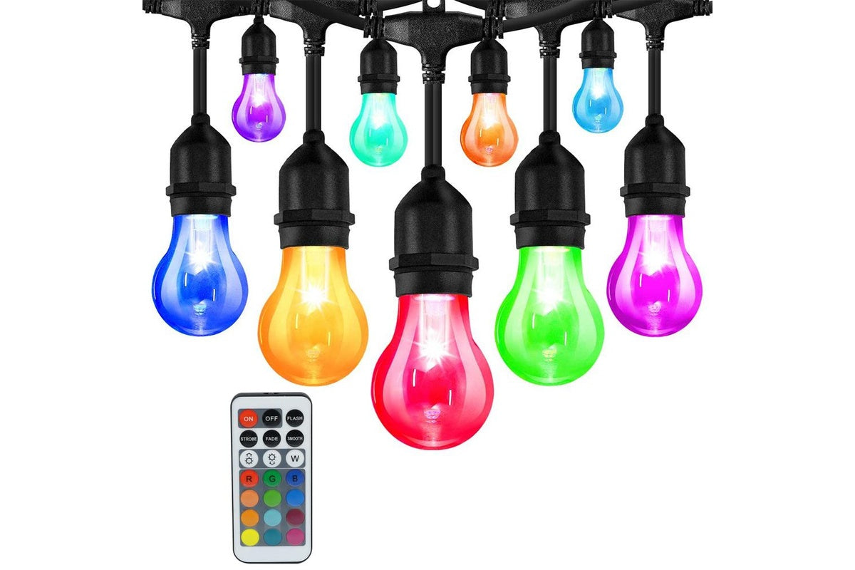 Close up of RGB festoon light bulbs showing colour options