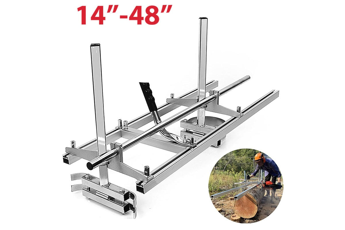 Close up of chain saw mill frame 48 inch adjustable brackets in silver