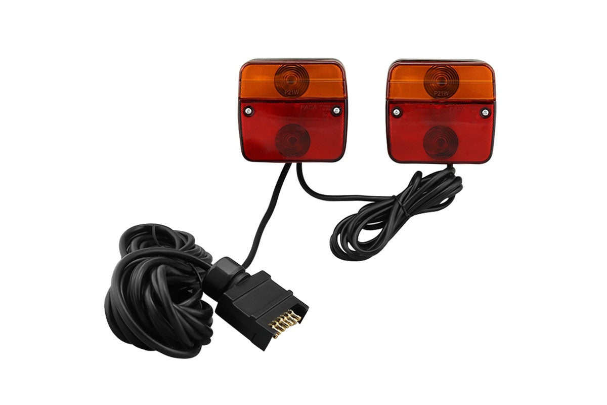 Side view of trailer tail lights with 75 metre cable attached