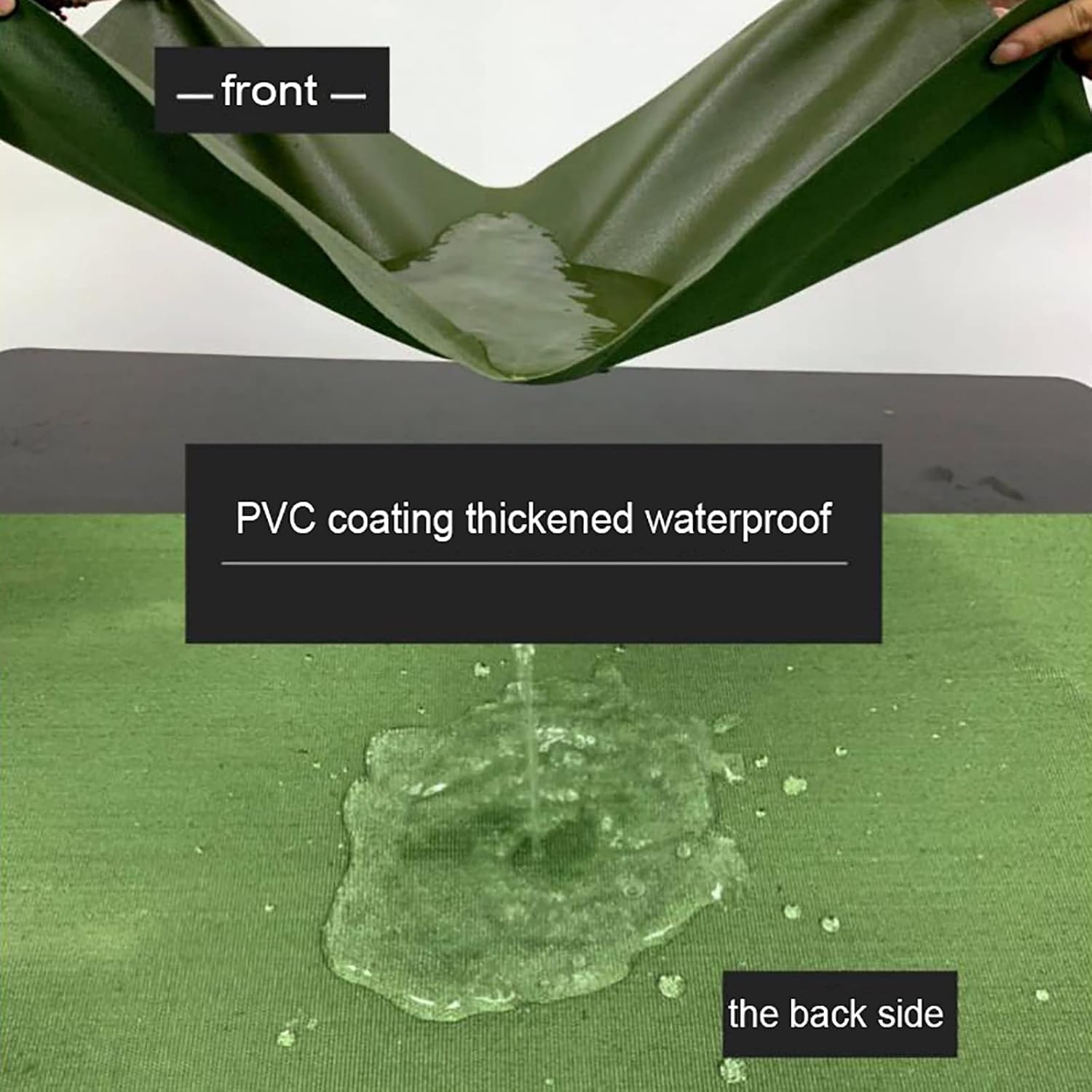 Green tarpaulin tarp laid out flat on grass showing texture