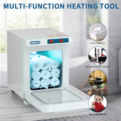 Side view of white towel warmer suitable for beauty salons