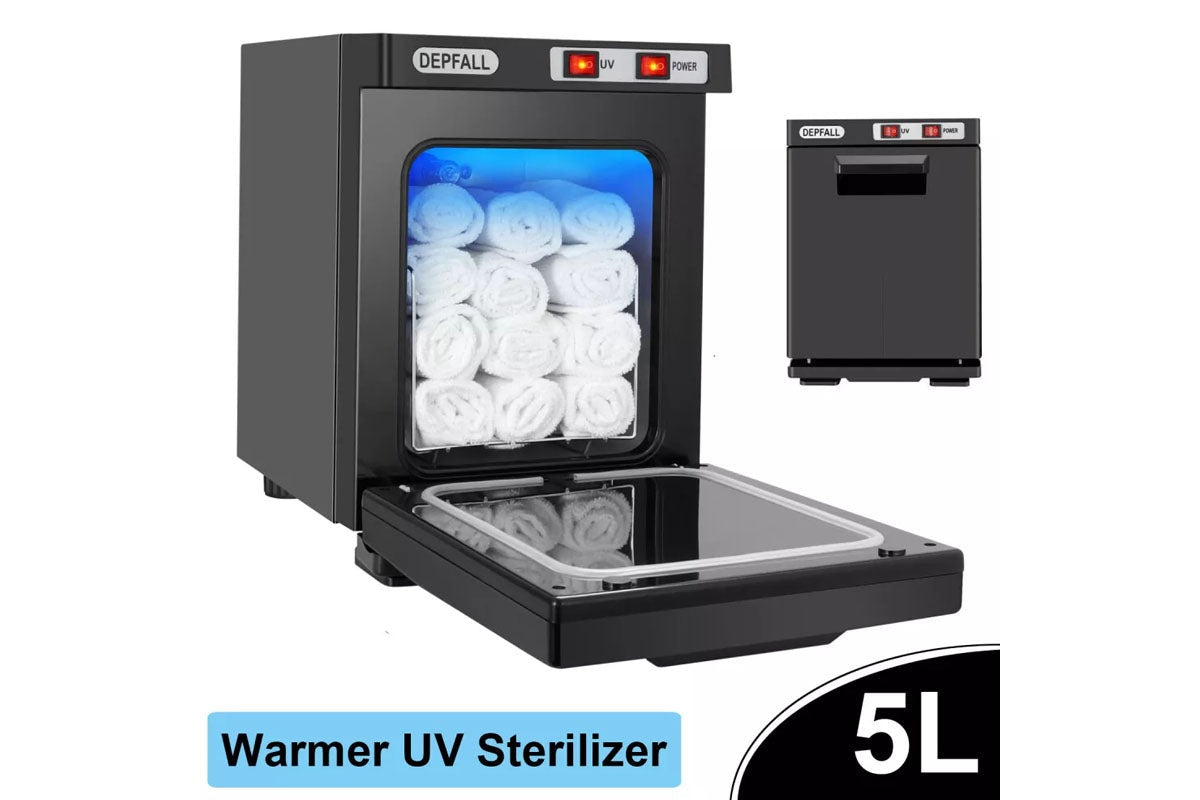 Side view of towel warmer steriliser showing compact size