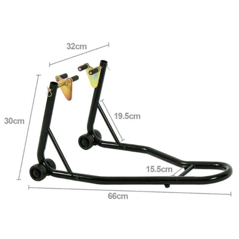 Side view of motorcycle paddock stand supporting front wheel