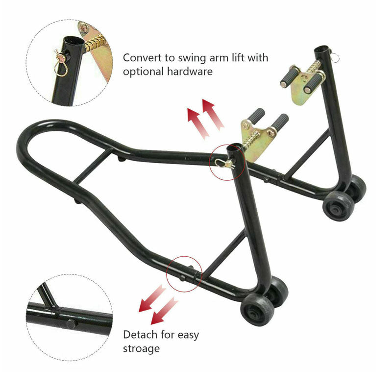 Motorcycle paddock stand lifting front wheel off ground