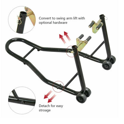Motorcycle paddock stand lifting front wheel off ground