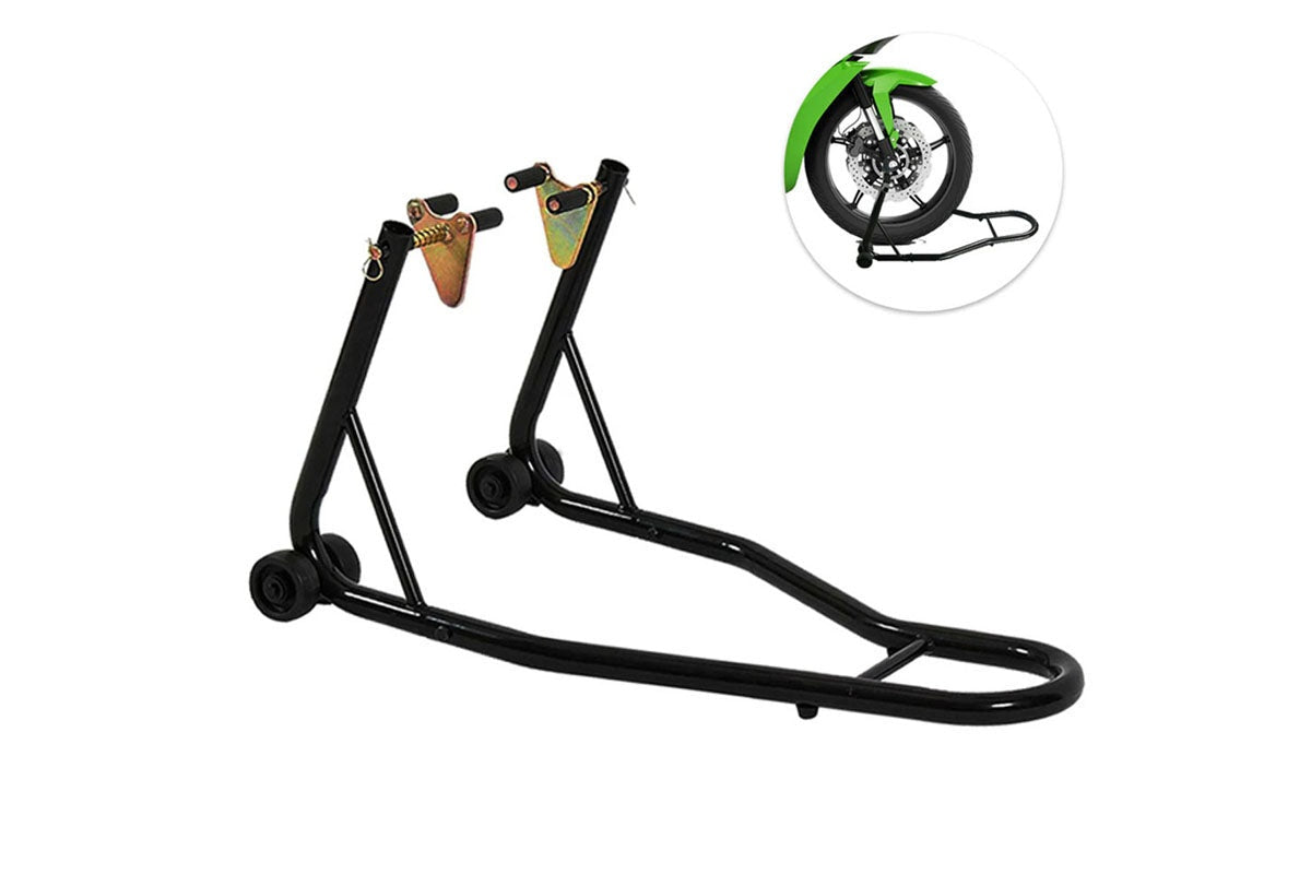Close up of black steel tubing on motorcycle paddock stand