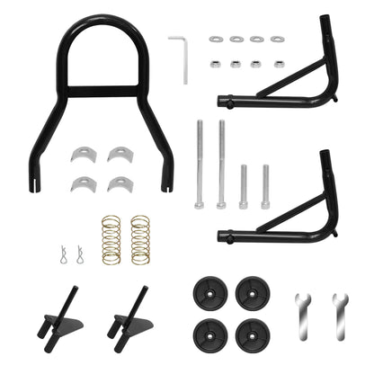 Adjustable width feature on motorcycle paddock stand front lift