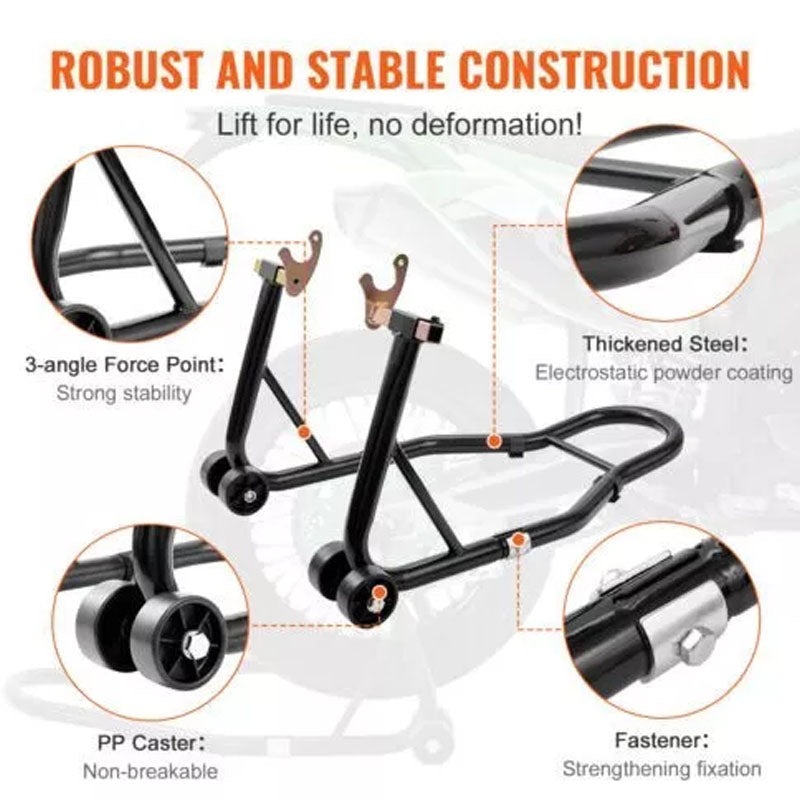 Motorcycle paddock stand front lift with 10 to 15 inch tyre width