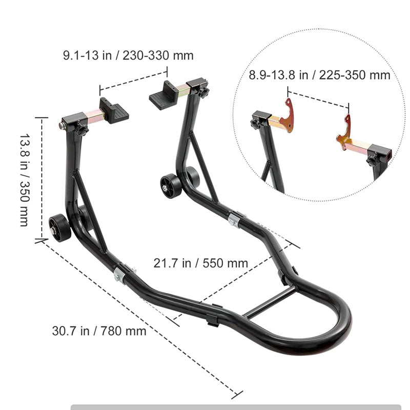 Motorcycle stand with L-shaped fork head for stable support