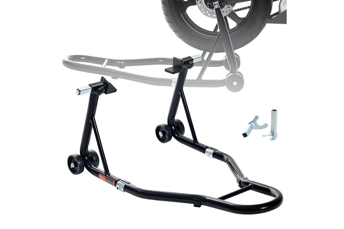 Close up of adjustable U-shaped fork head on motorcycle stand