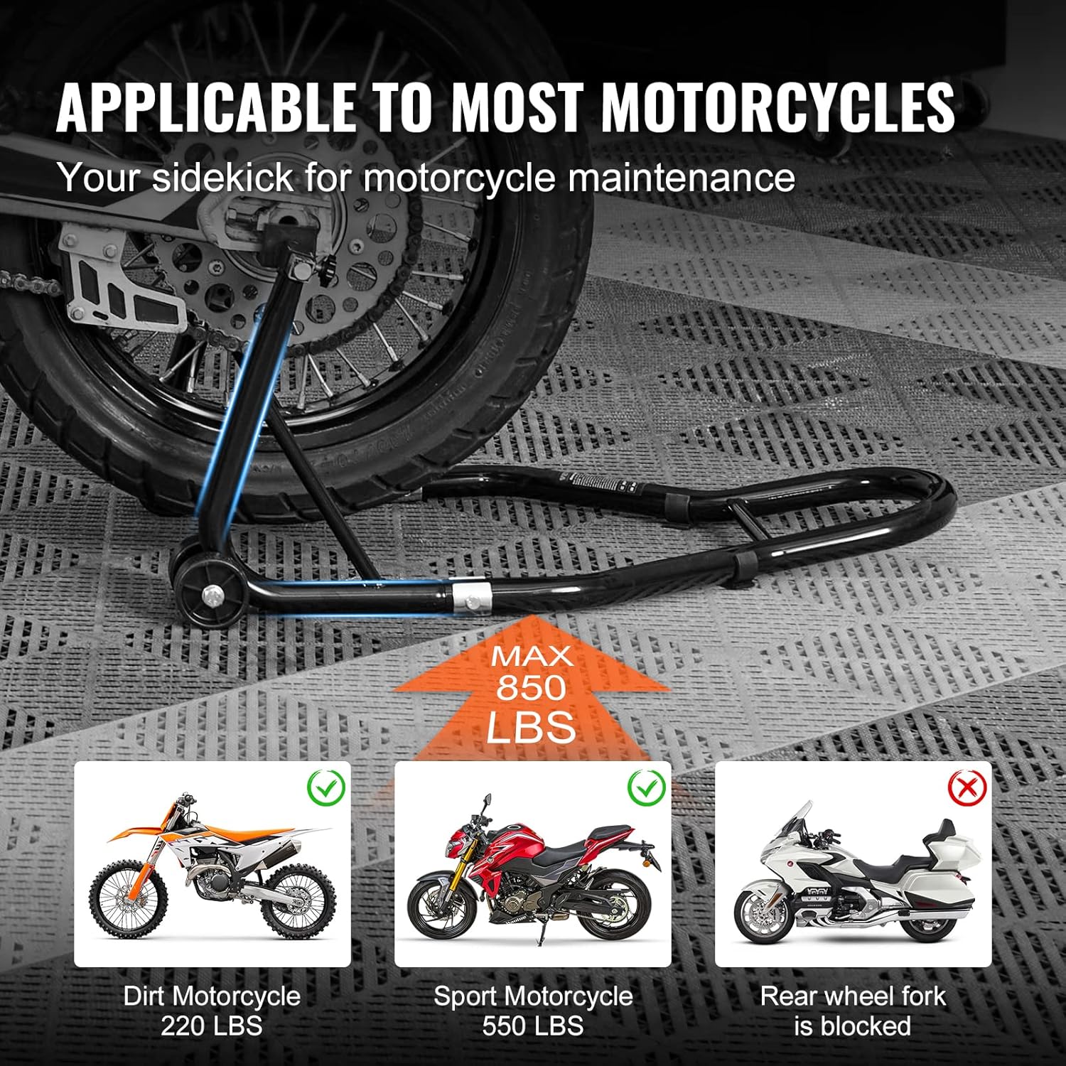 Motorcycle stand holding a Suzuki bike rear wheel