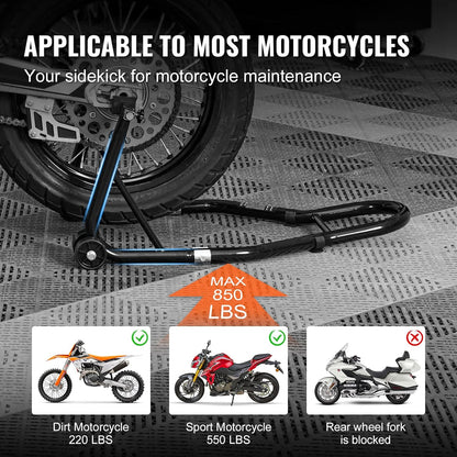 Motorcycle stand holding a Suzuki bike rear wheel