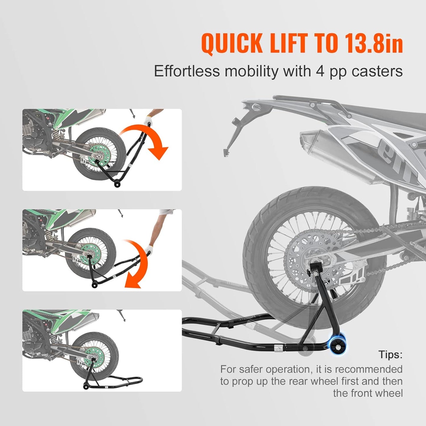 Rear wheel stand with four 3-inch PP casters for mobility