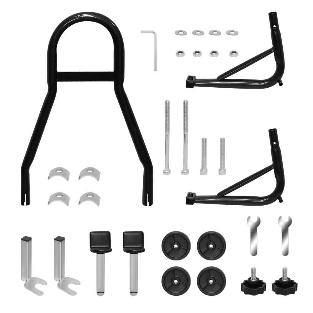 Side view of motorcycle stand lifting rear wheel off ground