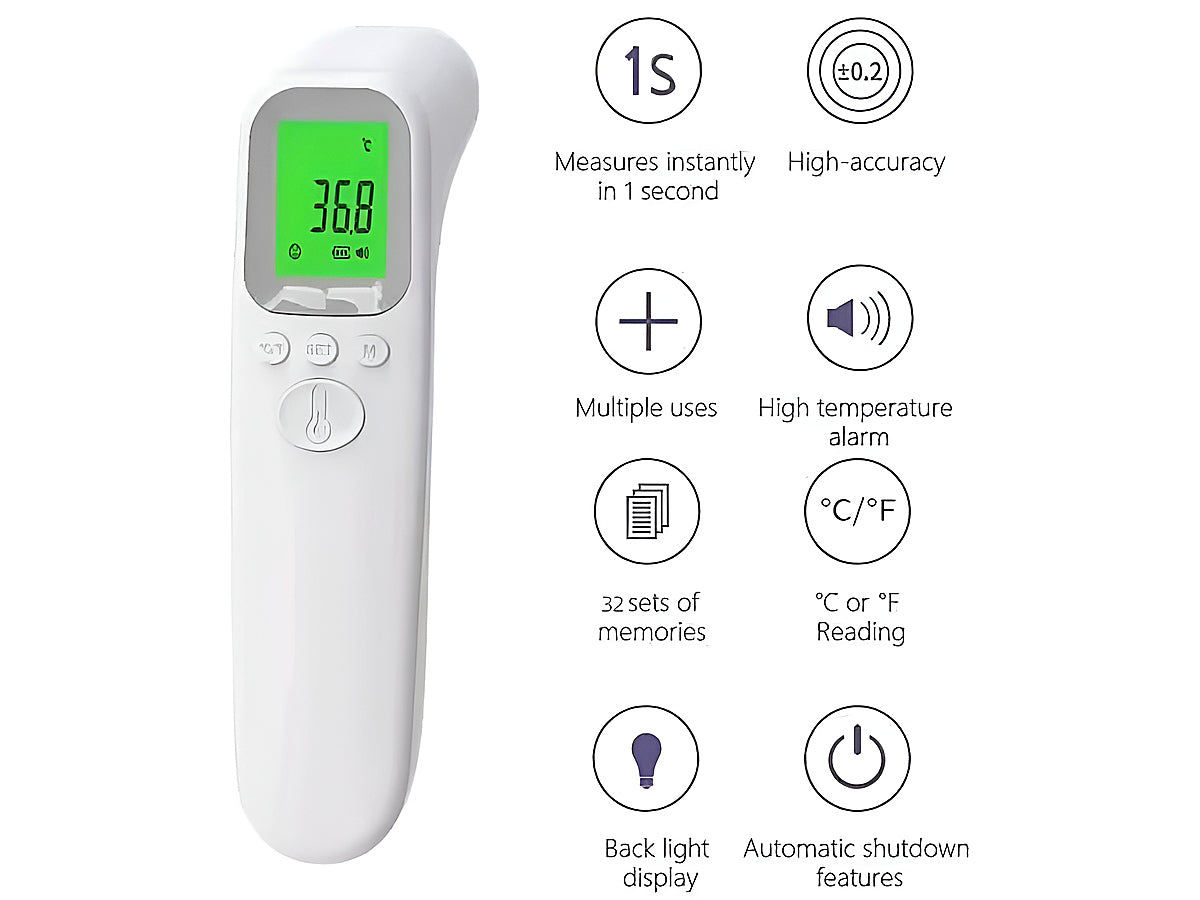 Red backlight on forehead thermometer showing high temperature alert