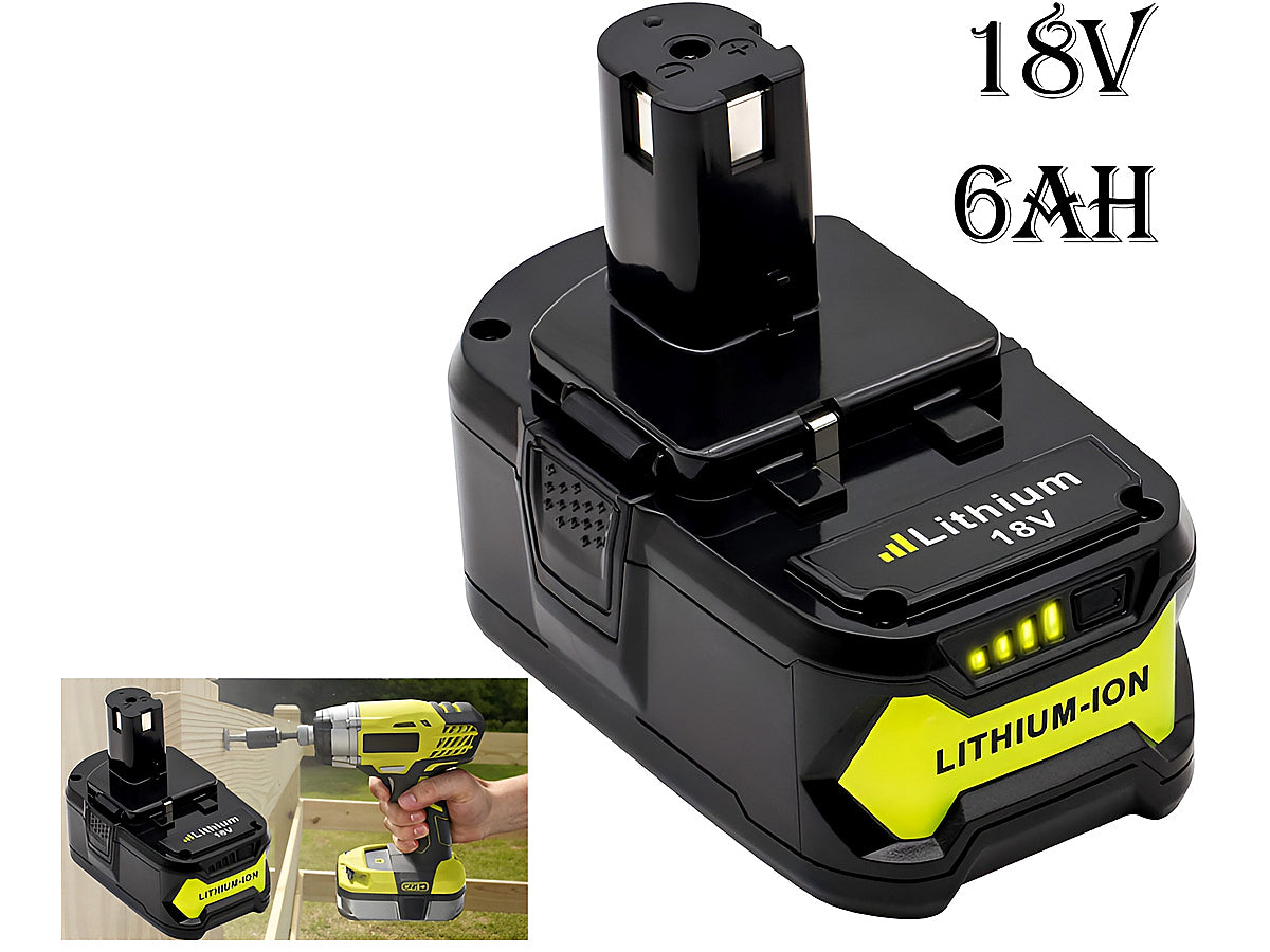Ryobi 18V 6AH battery being held to show size and weight