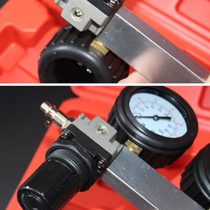 Cylinder leak detector kit with pressure gauge and hose