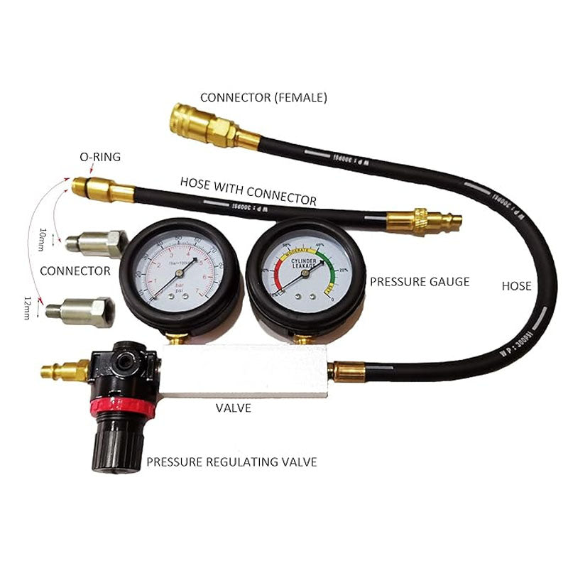 Cylinder leak detector kit components laid out on bench