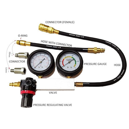 Cylinder leak detector kit components laid out on bench