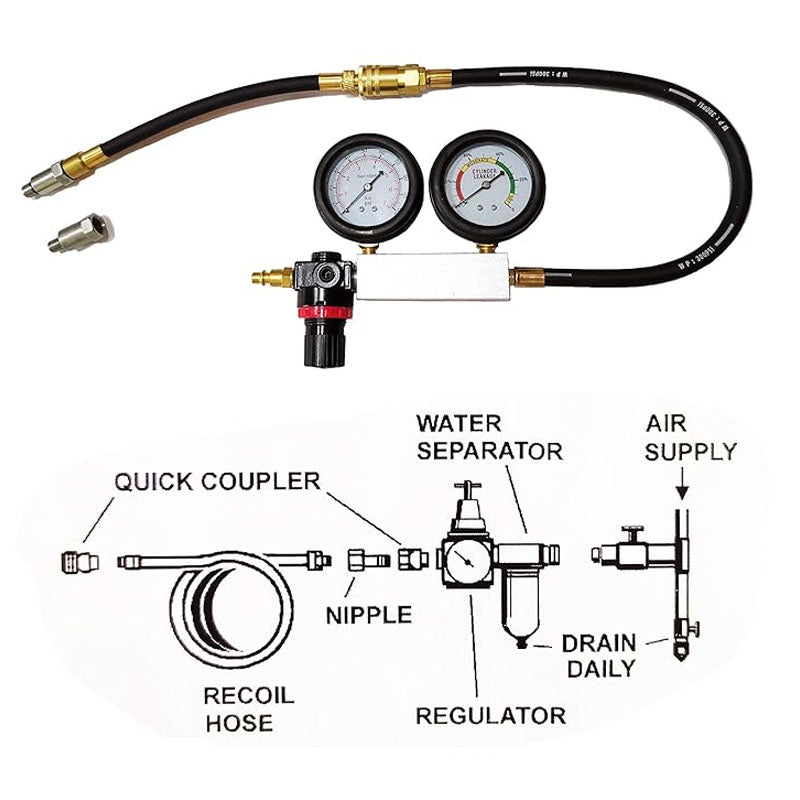 Cylinder leak detector showing regulator and valve controls