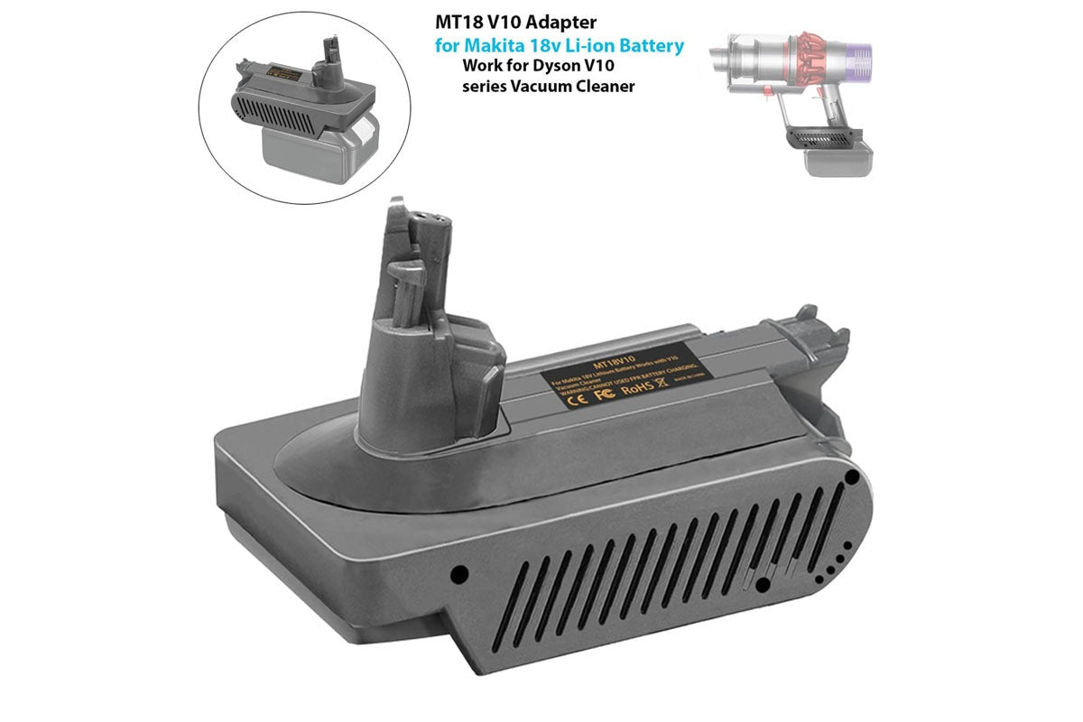 Close up of Dyson V10 battery adapter connector for Makita 18V battery