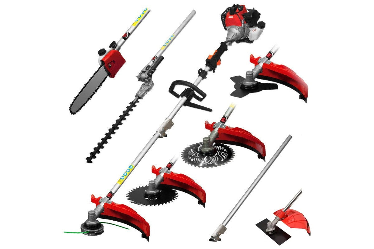 Side view of brush cutter with hedge trimmer attachment