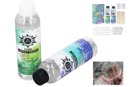 Side view of epoxy resin kit with measuring cups and gloves