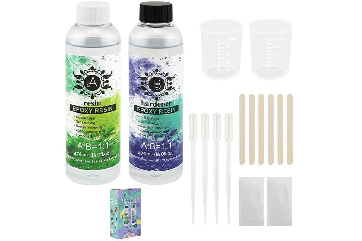 Close up of epoxy resin 1:1 kit hardener and resin bottles