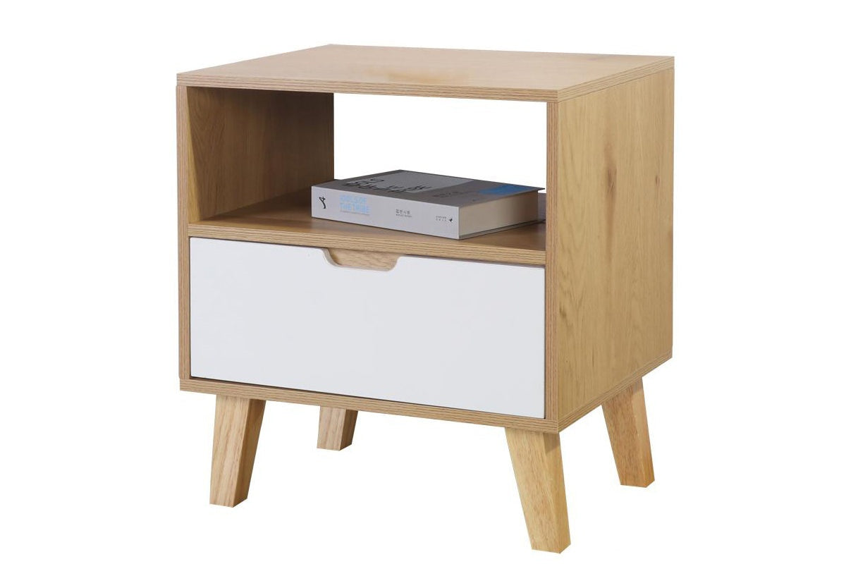 Side view of bedside table with storage highlighting wooden legs