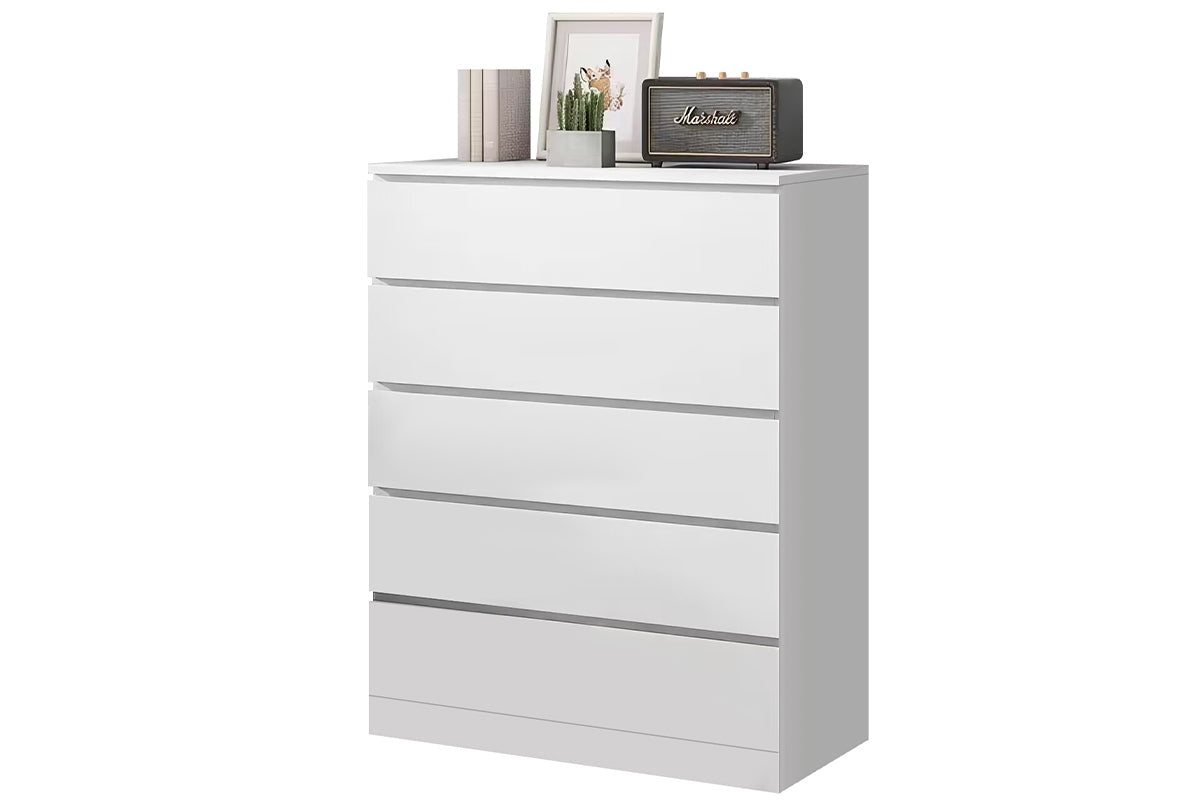 Side angle of tallboy drawers in white particle board