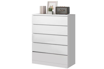 Side angle of tallboy drawers in white particle board