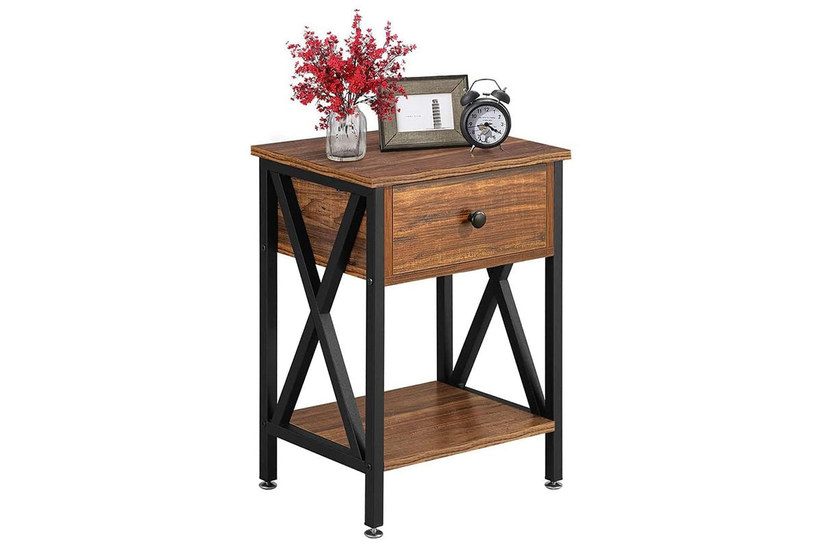 Side view of bedside table showing open shelves
