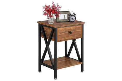 Side view of bedside table showing open shelves