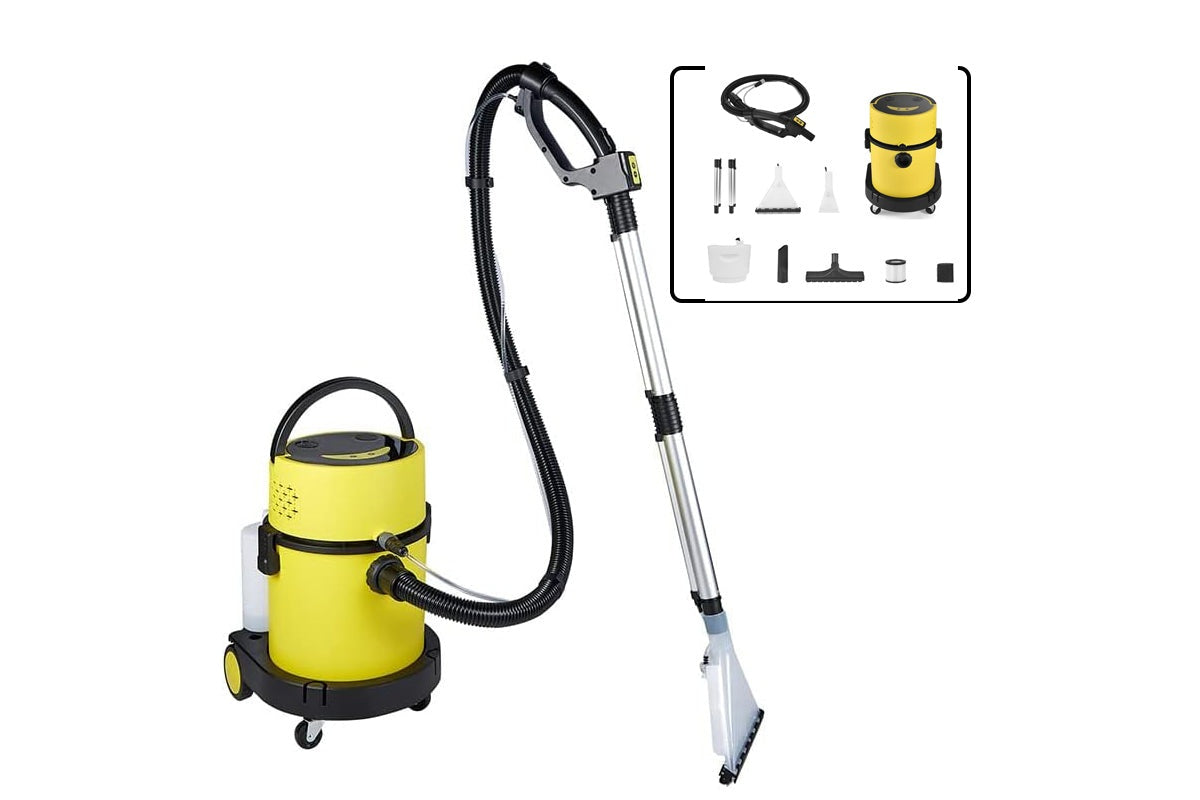 Side angle of vacuum carpet cleaner highlighting wheels for easy movement