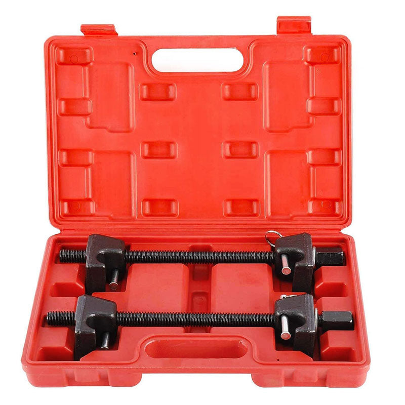 Coil spring compressor in plastic carrying case for easy transport