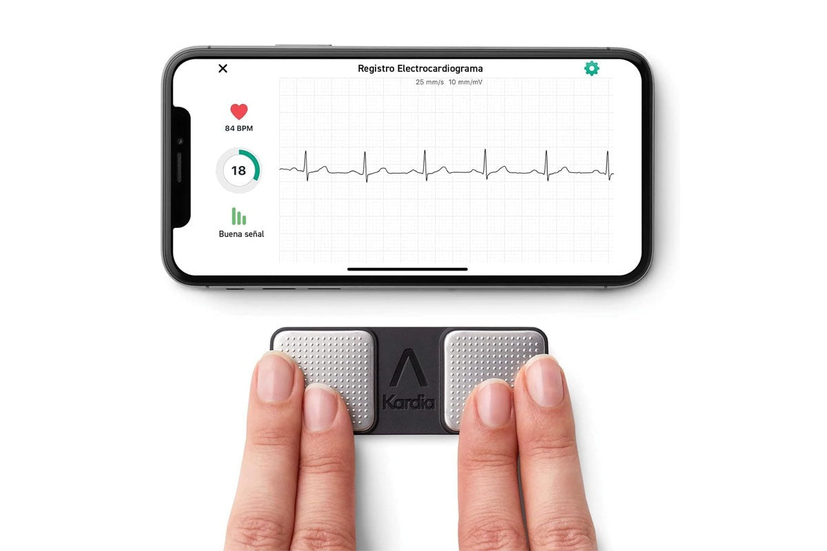 Close-up of KardiaMobile ECG heart monitor finger sensors in silver