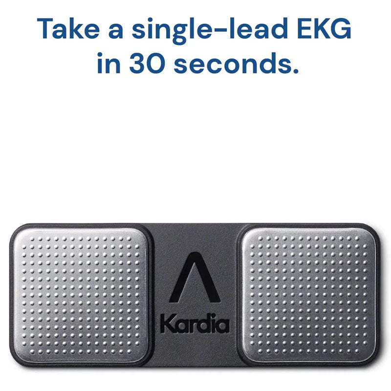 Side angle of KardiaMobile portable ECG device in compact size