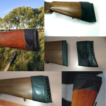 Top angle of black rifle recoil pad highlighting size and shape