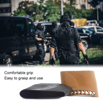 Back view of rifle recoil pad displaying elastic fit feature
