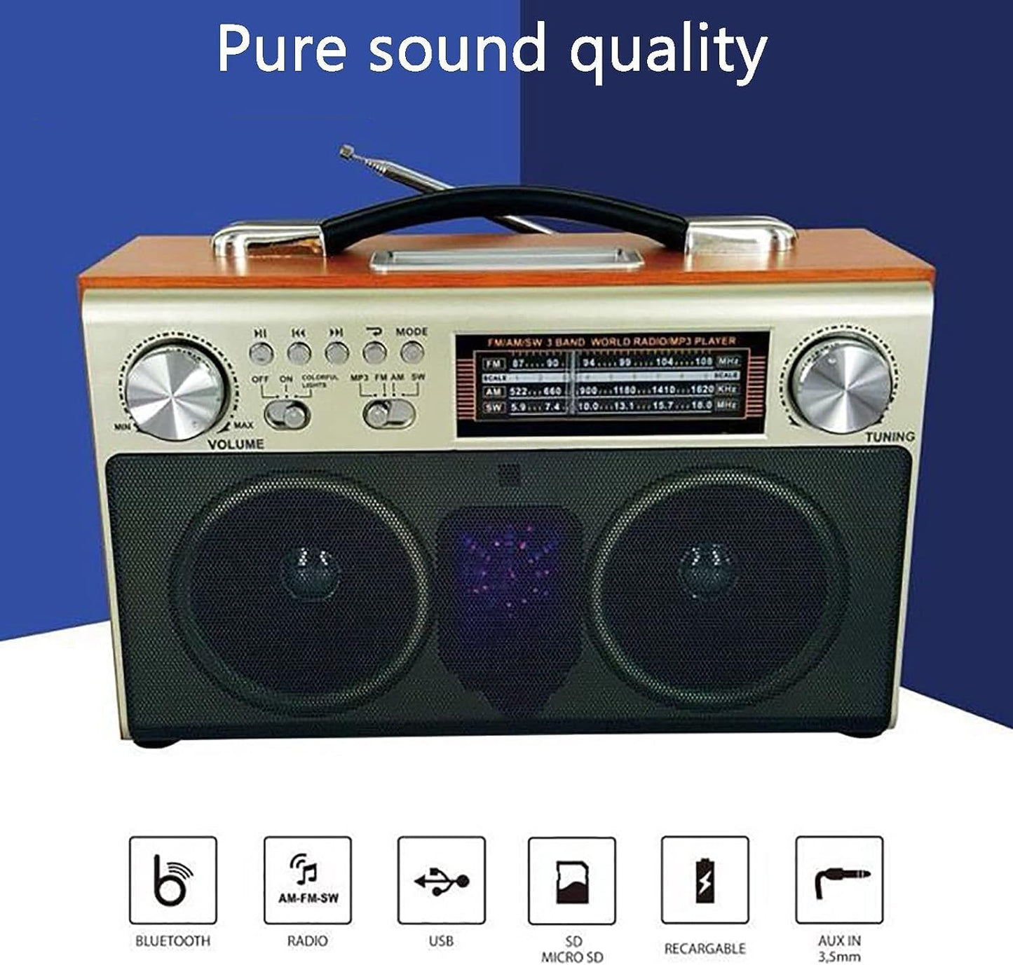 FM radio speaker Bluetooth with power cable and user manual