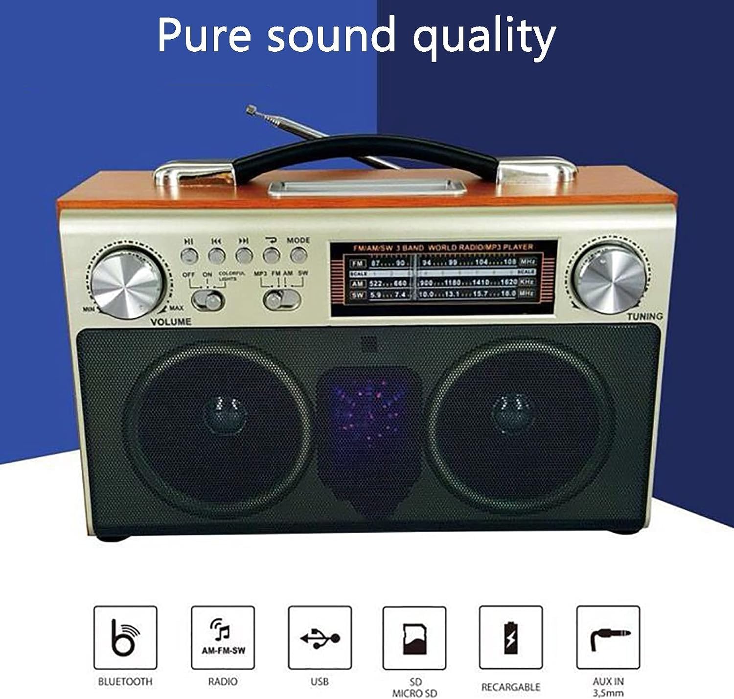 FM radio speaker Bluetooth with power cable and user manual
