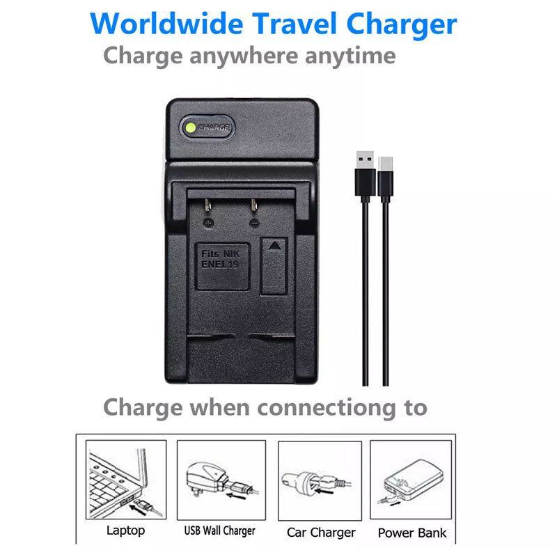 Side angle of Nikon EN-EL19 charger with micro USB cable