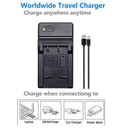 Side angle of Nikon EN-EL19 charger with micro USB cable