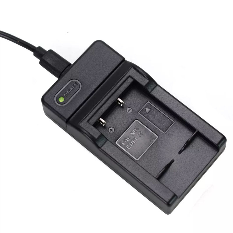 Nikon EN-EL19 charger connected to power via USB cable