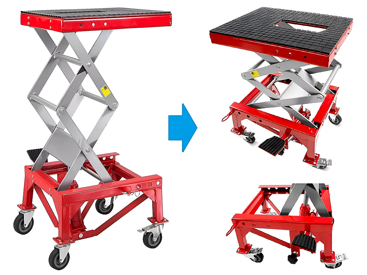 Motorcycle lift jack height adjustment mechanism in red steel