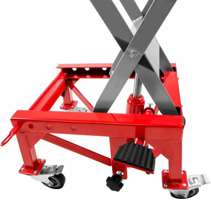 Top view of red hydraulic motorcycle lift jack platform