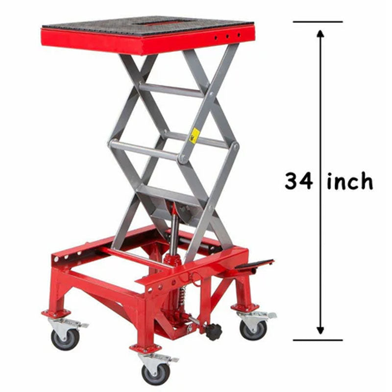 Hydraulic motorcycle lift jack base plate size shown