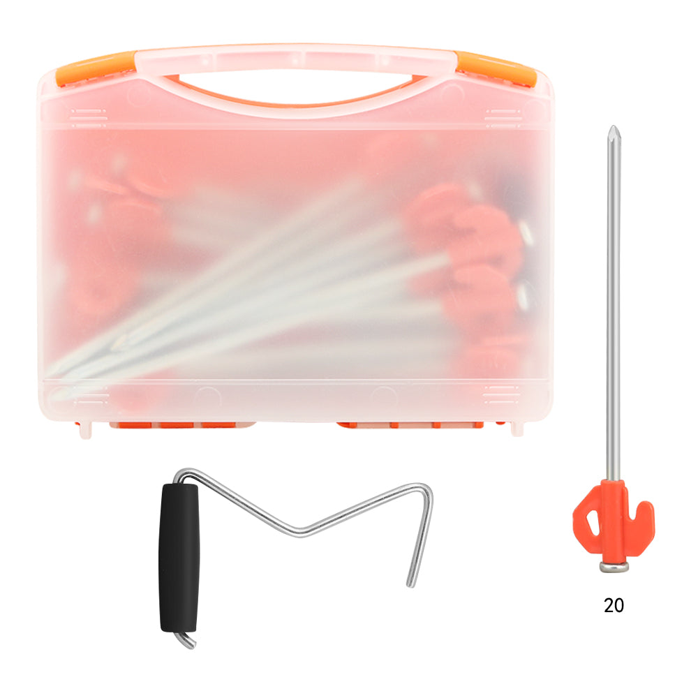 Steel tent peg standing upright in uneven terrain